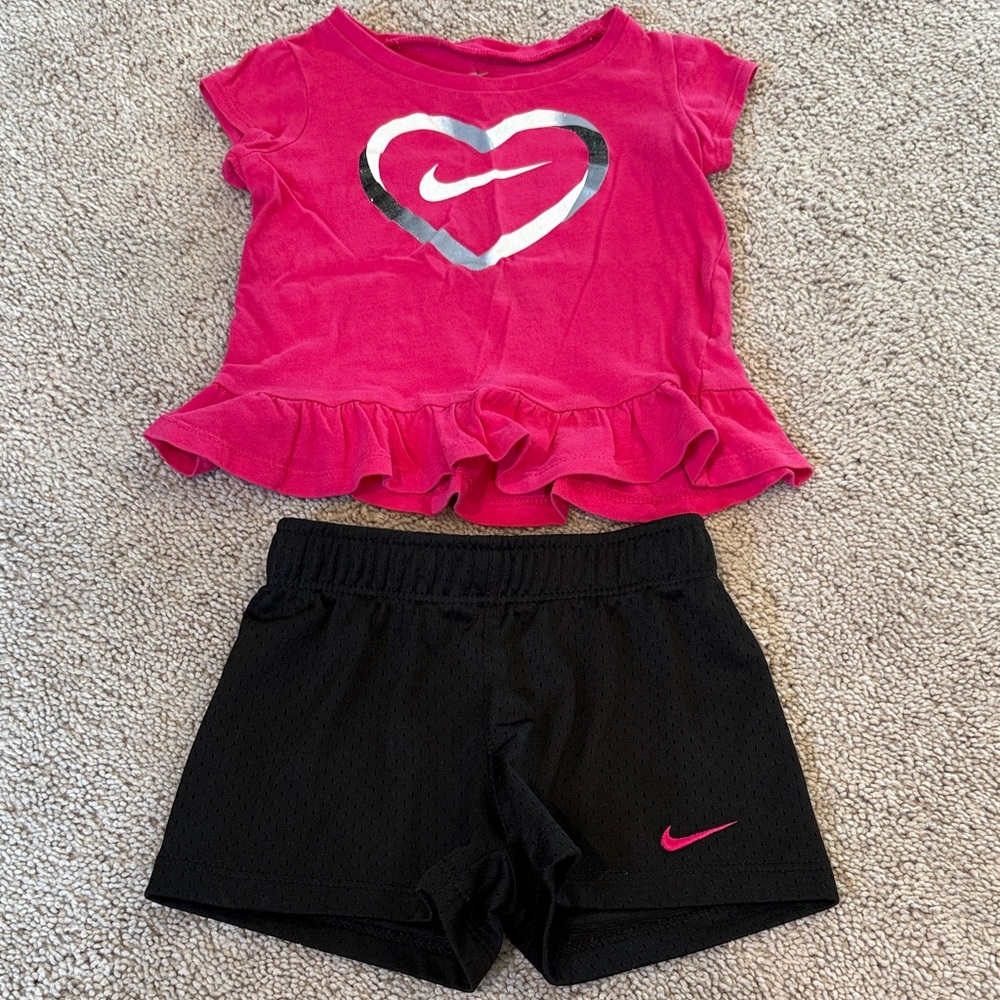 Toddler Girl Nike 18 month Short Sleeve Pink Ruffle Top and Black Shorts Set